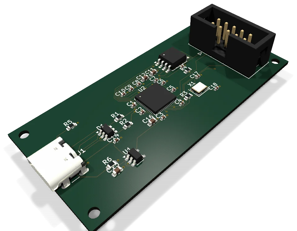 3D CAD render of the generated RP2040 USB candidate: a green two-layer board with a USB-C connector at one end, a debug header at the other, and the RP2040 between them. Opens the interactive 3D review.